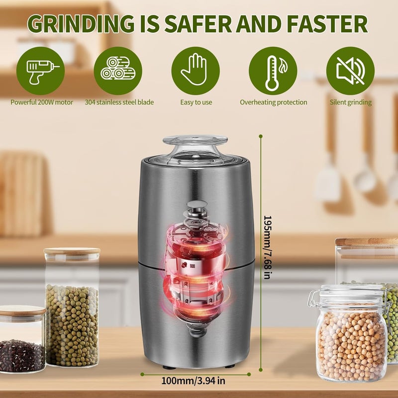 Perfekitsup Spice Grinder, Coffee Grinder, 200 w Electric Herb Grinder,Configuration Stainless Steel Body and Blade,with Cleaning Brush - Image 2